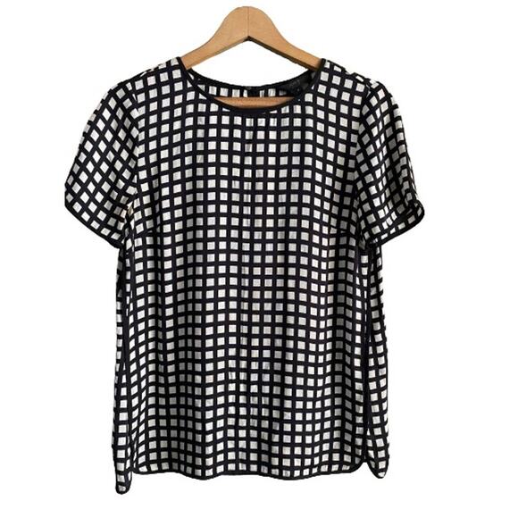 J. Crew Silk Black White Geometric Short Sleeve Blouse Sz 2 - Picture 1 of 11